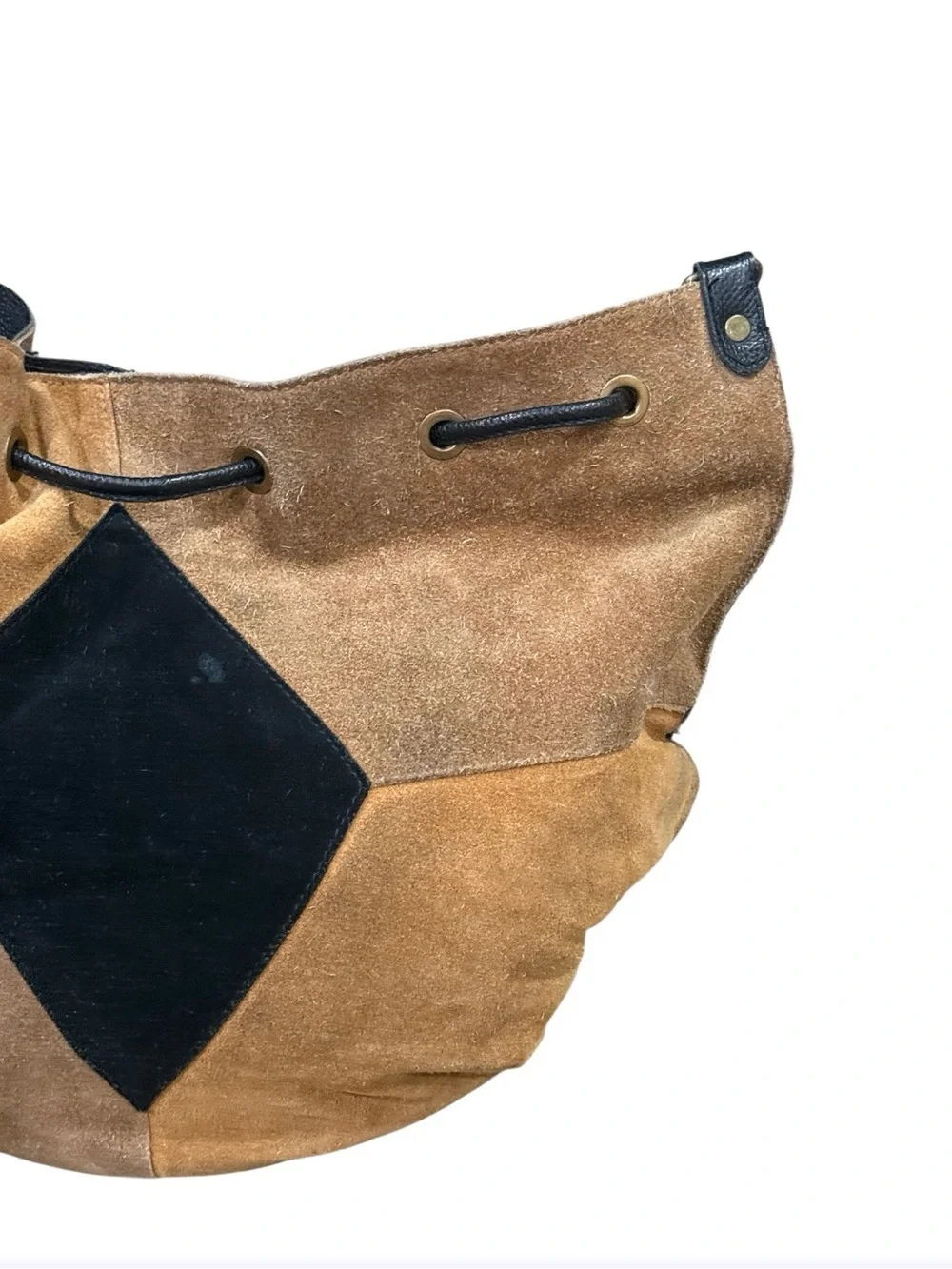 Free People Suede Patchwork Drawstring Hobo Bag Tan Black Boho
